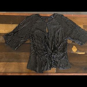Express Striped Metallic Puff Sleeve Front Tie Top